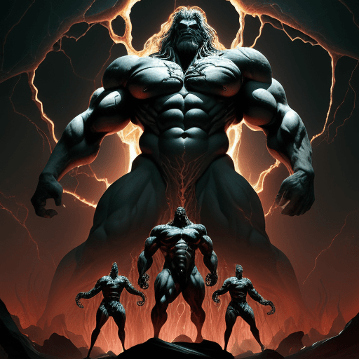 AI generated: Massive primordial beings, the Titans, bound in celestial bronze chains within the infinite abyss of...