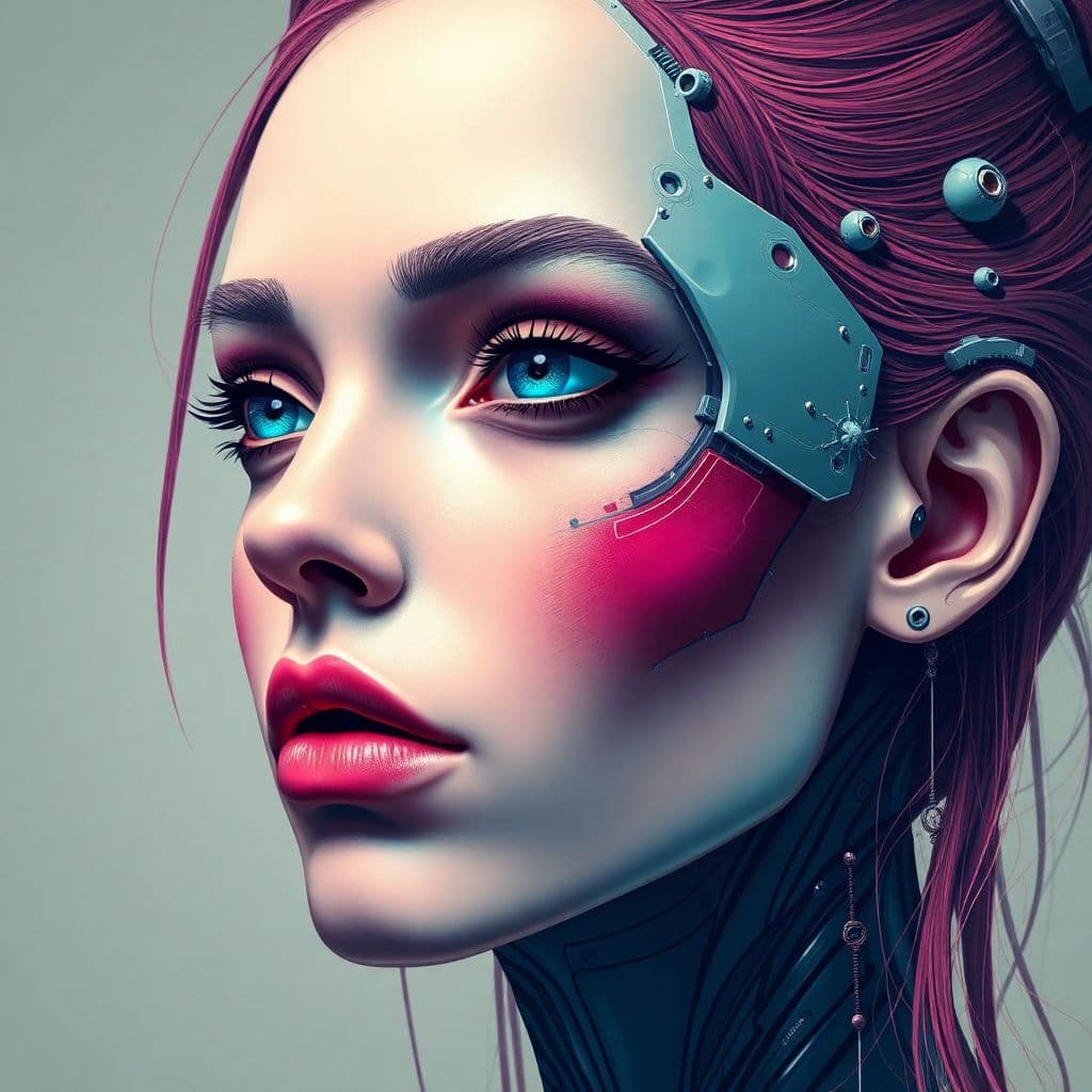 AI generated: female with a futuristic-looking face, in the style of fantastical contraptions, algorithmic artistr...