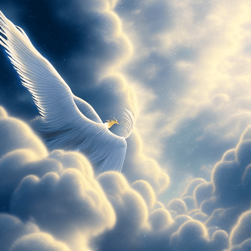 AI generated: High resolution background image of a heavenly dimension, dreamy white and gold, with angelic feathe...