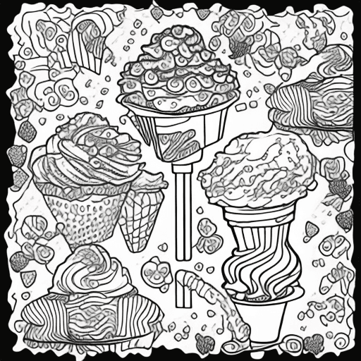 AI generated: coloring book page of ice cream, black and white, --v4