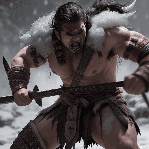 AI generated: Fighting action close-up shot of a male barbarian with a battle-axe charging into battle, battle-cry...