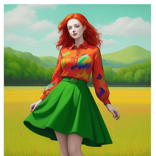 AI generated: The image features a painting of a woman with red hair, wearing a colorful shirt and green skirt. Sh...
