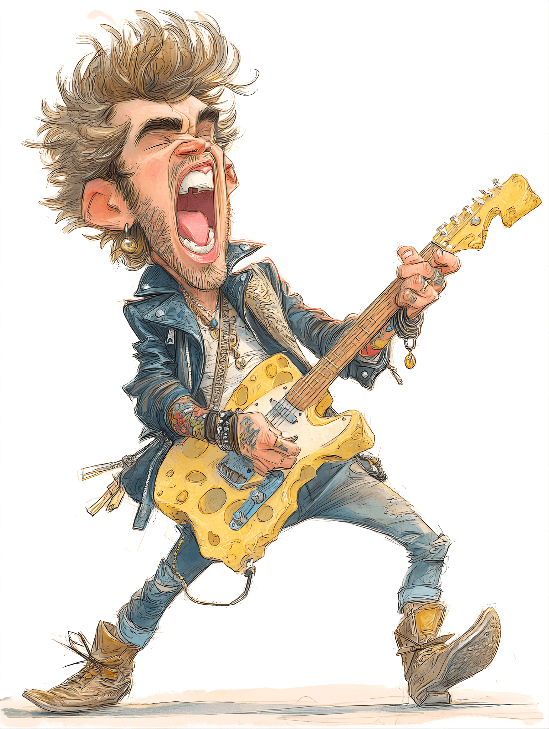 AI generated: funny caricature, rock star caricature, adult caucasian male, 27 years old, wild hair, tattooed arms...