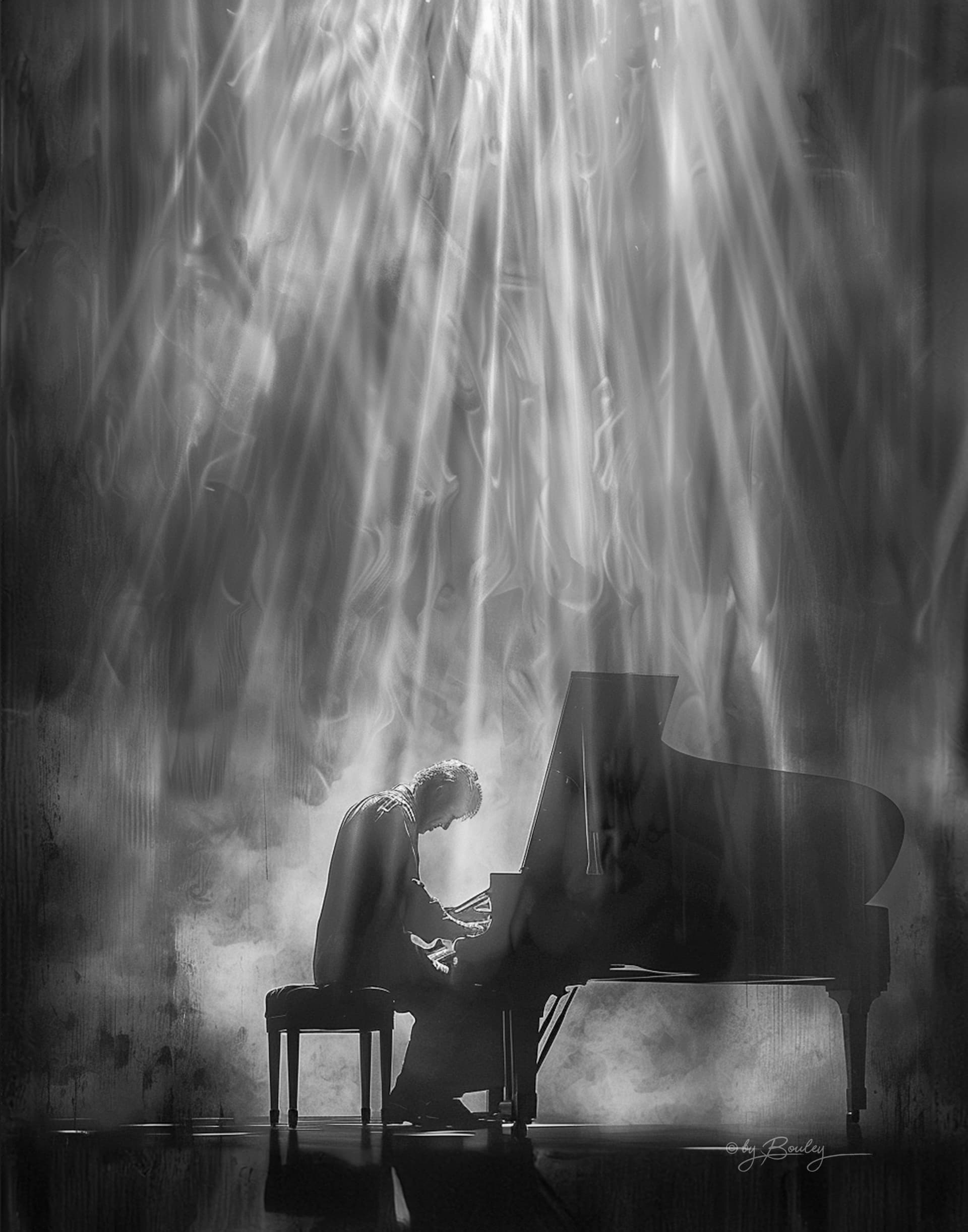 AI generated: pianist in a sharp beam of light on a stage. realistic style, --ar 4:5 --personalize y3gj6qa --v 6