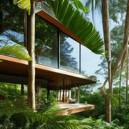 AI generated: A beautiful house in tropical modernism style inside of a forest and full of trees and plants and se...