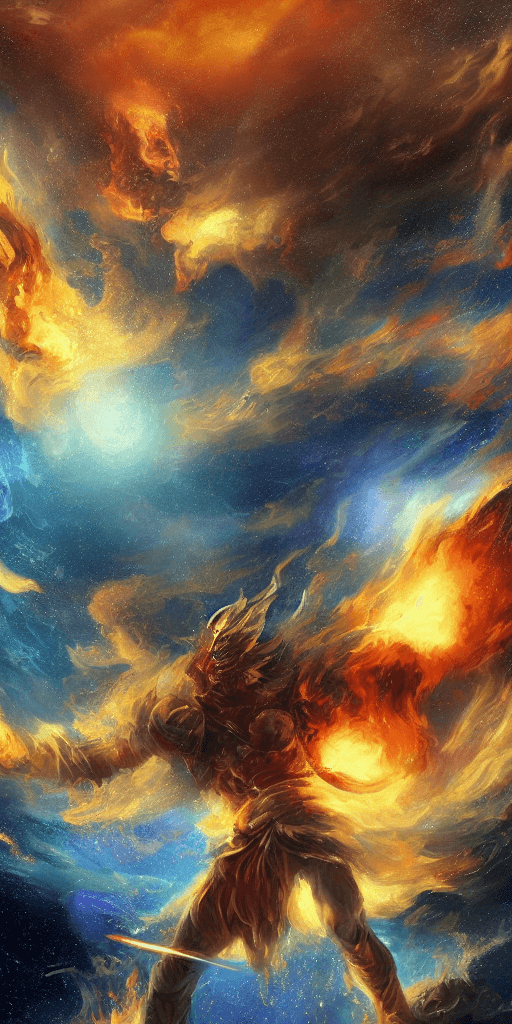 AI generated: warrior surrounded by fire and water, up on front in middle, 8k super realsistic, giant galaxy with ...