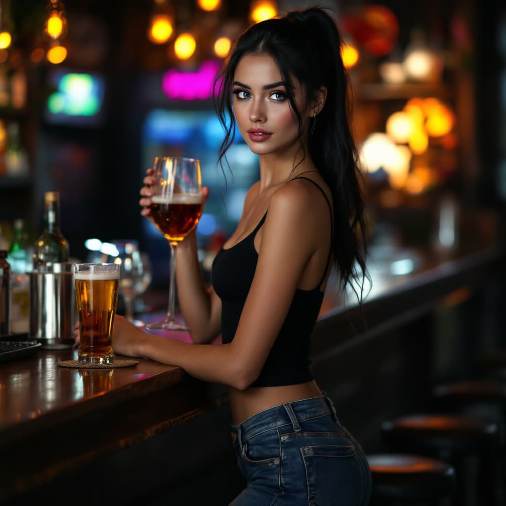 AI generated: A bealtiful woman 30 years old, black hair pony tail, blue eyes,, 4k, slim jean, standing full body,...