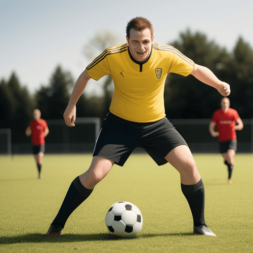AI generated: adult man, playing soccer, friends, grass field
