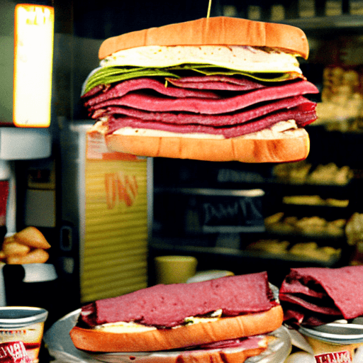 AI generated: Single Taylor Swift inside of a five foot high Jewish deli sandwich of juicy pastrami piled high, 50...