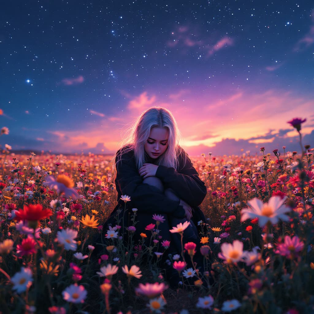AI generated: billie eilish sitting down in a field of wildflowers and hugging her knees, with a night sky in the ...