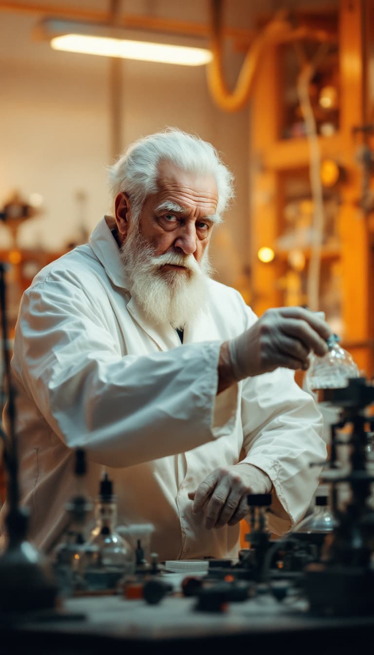 AI generated: Make me an image of the top Soviet nuclear scientist.
White-haired Soviet old man experimenting in a...