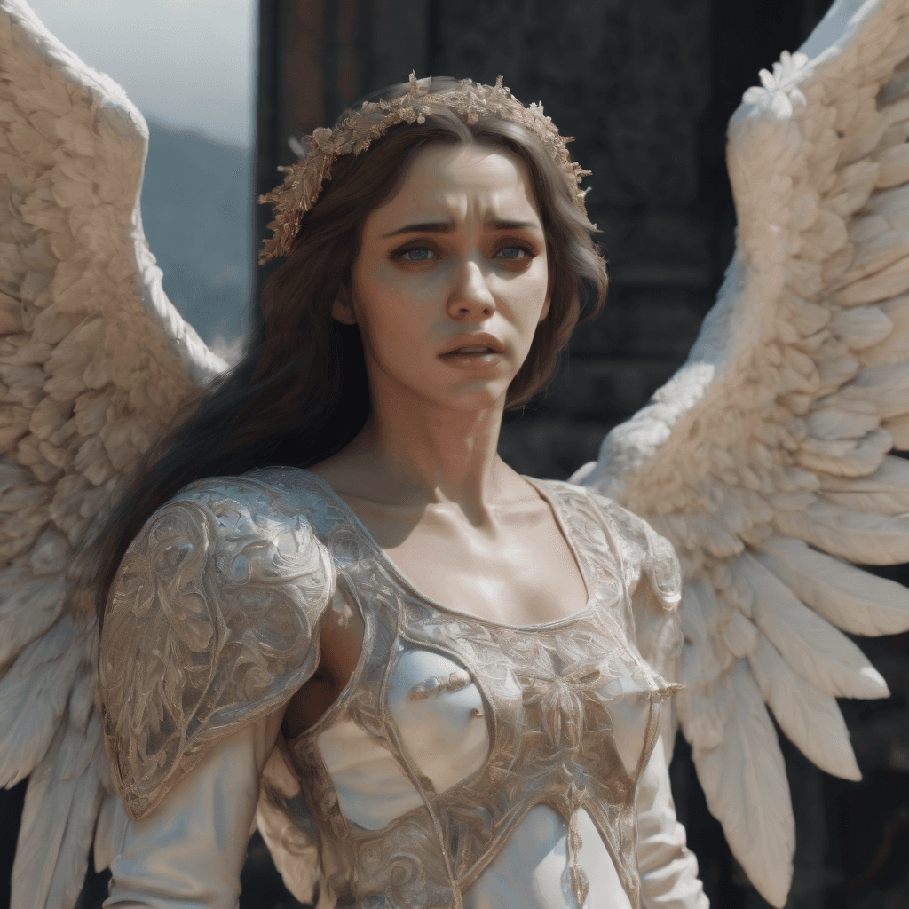 AI generated: {a big chapel:1} an angel crying, beautiful face, beautiful eyes, looking to viewer, very intricated...