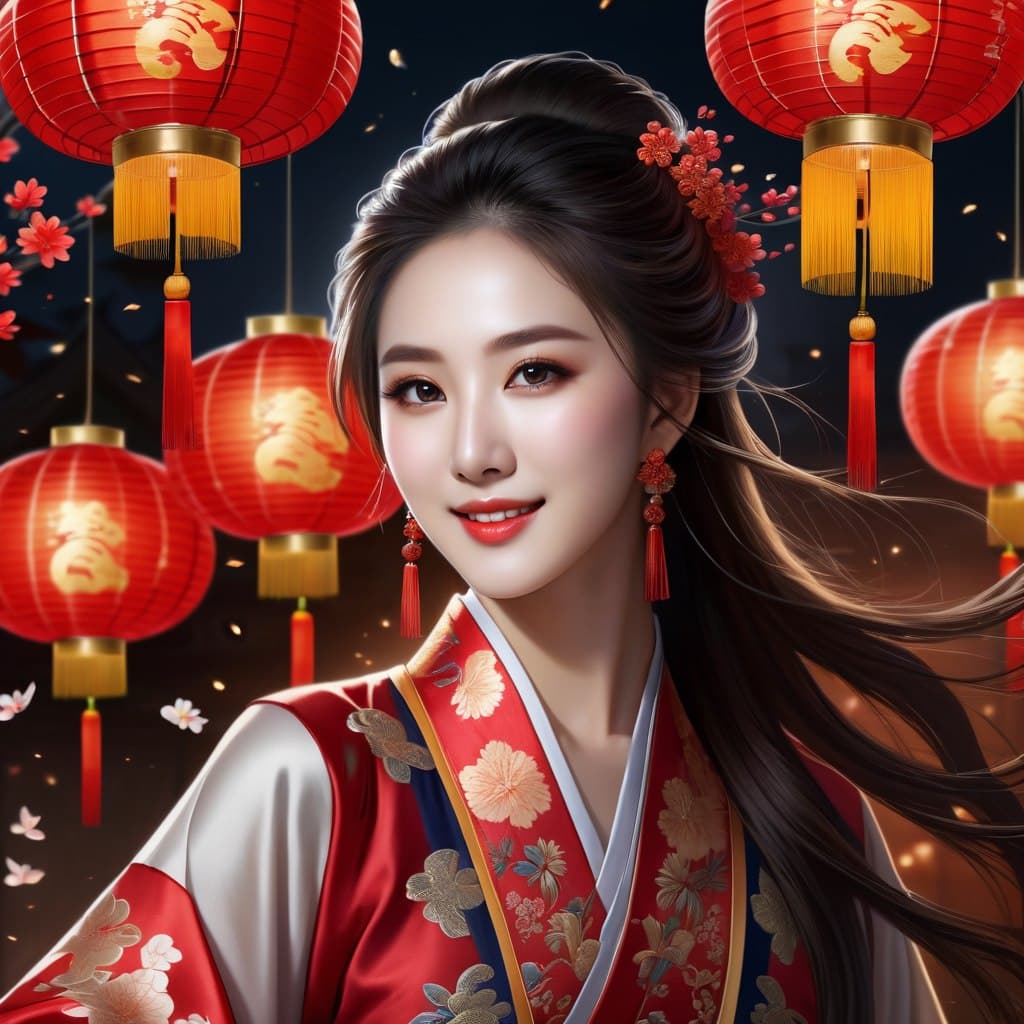 AI generated: epic realistic, ink,HEZI,Chinese New Year elements,Oriental Dragon and Maiden,Chinese Knot,wallpaper...