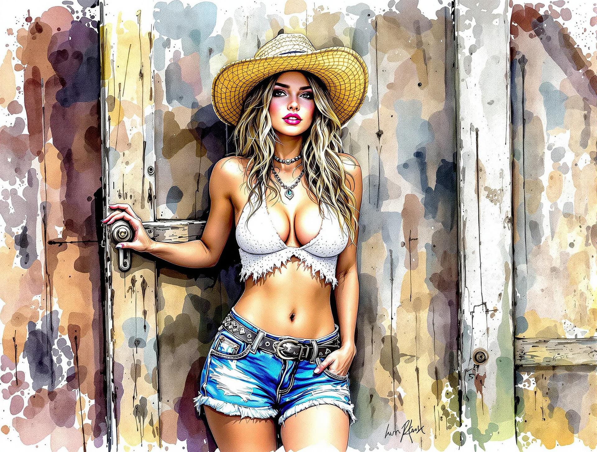 AI generated: A whimsical flirtatious farm girl in a straw hat and cutoff shorts leaning against an open barn door...
