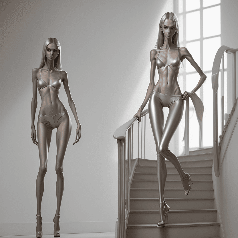 AI generated: photo of two an extremely skinny, flat-chested model with extreme long and skinny legs with extreme ...