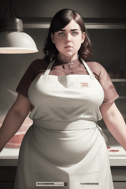 AI generated: RAW photo, low key, cinematic composition, fat  female butcher, woman, rim light, blood (white latex...
