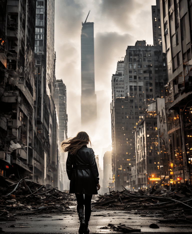 AI generated: mj, wide view, beautiful 17yo woman seen from behind, silky black windswept hair, walking in a devas...
