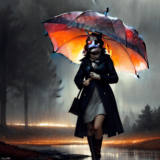 AI generated: Autumm is here. Windy, light rainy, a woman with an umbrella is wandering through the landscape, atm...