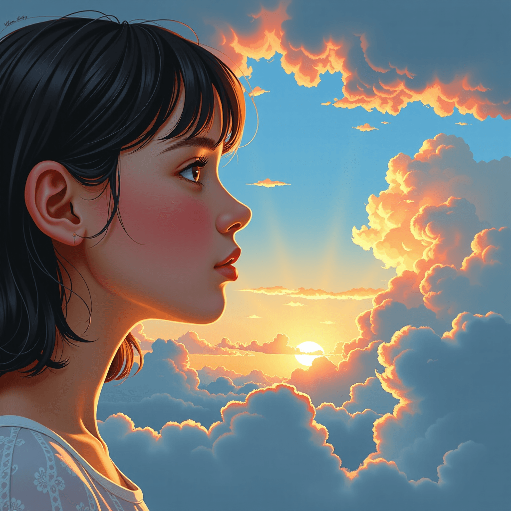 AI generated: Dreamy, ethereal digital painting: A young, innocent face (first love) gazing at a horizon, where di...