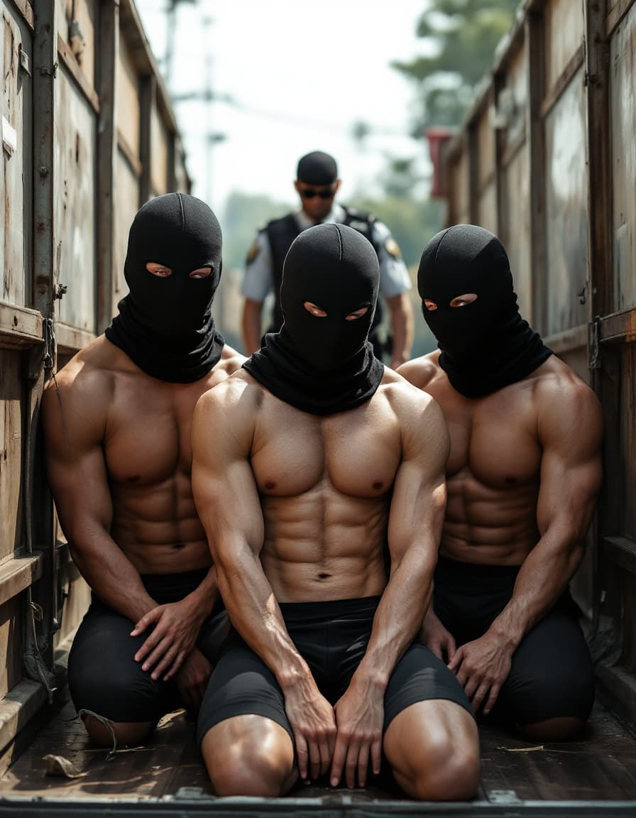 AI generated: Three muscular male Asian Chinese wear tight compression jammers arrested by policemen in day time. ...