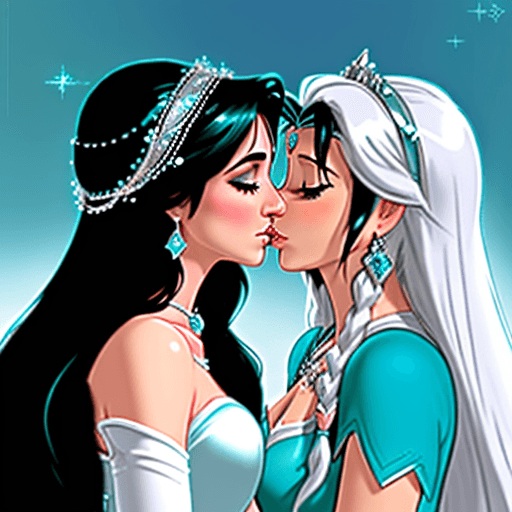 AI generated:  High resolution Elsa, white and pink and silver white hair lesbian, kissing Princess Jasmine from D...