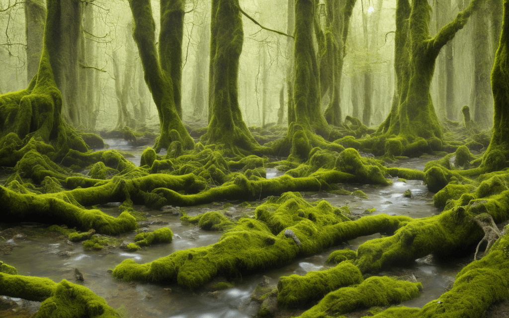 AI generated: A very old European, primeval forest with a small river in the middle. Moss is growing on stones and...