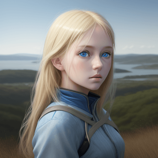 AI generated: a girl of blonde hair with blue eyes facing space, in the style of photo-realistic landscapes, reali...