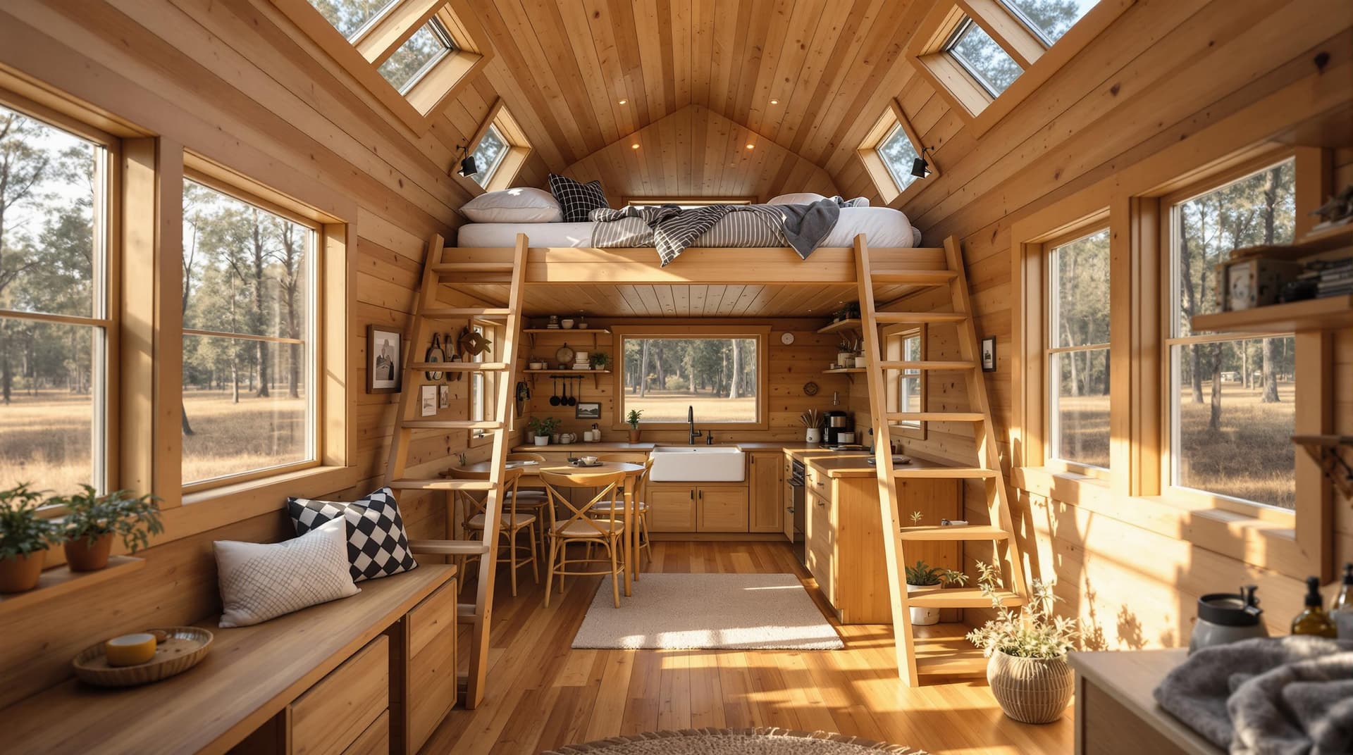 AI generated: A cozy tiny home interior with a loft bed, wooden furniture, and large windows, natural lighting, ul...