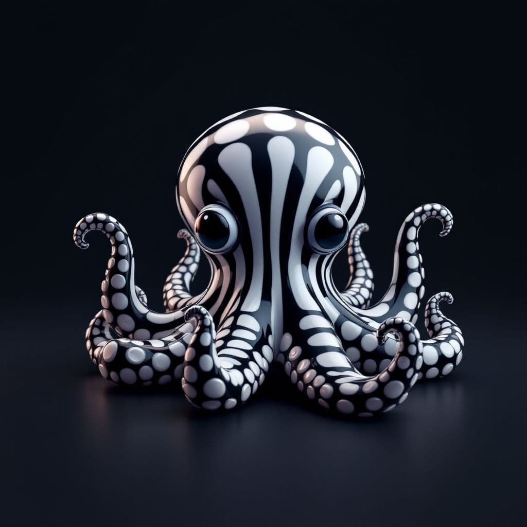 AI generated: A cute 3D-rendered octopus with black-and-white stripes, glossy finish, minimalistic background, pro...