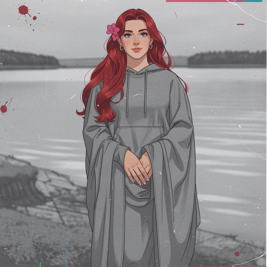 AI generated: Masterpiece, best quality, ultra detailed illustration, a girl with long red hair, with bright blue ...