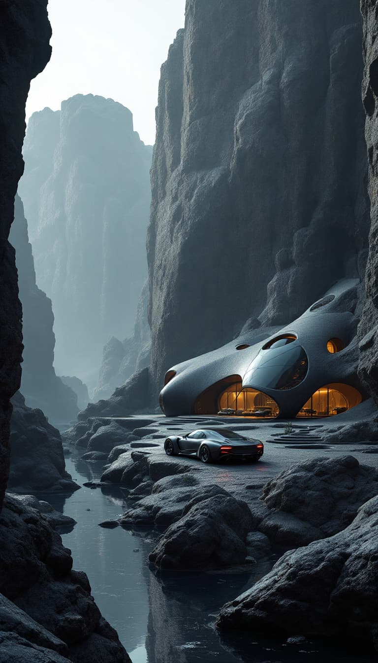 AI generated: the futuristic house in a rocky area with car, rock and house, in the style of dark gray and dark bl...