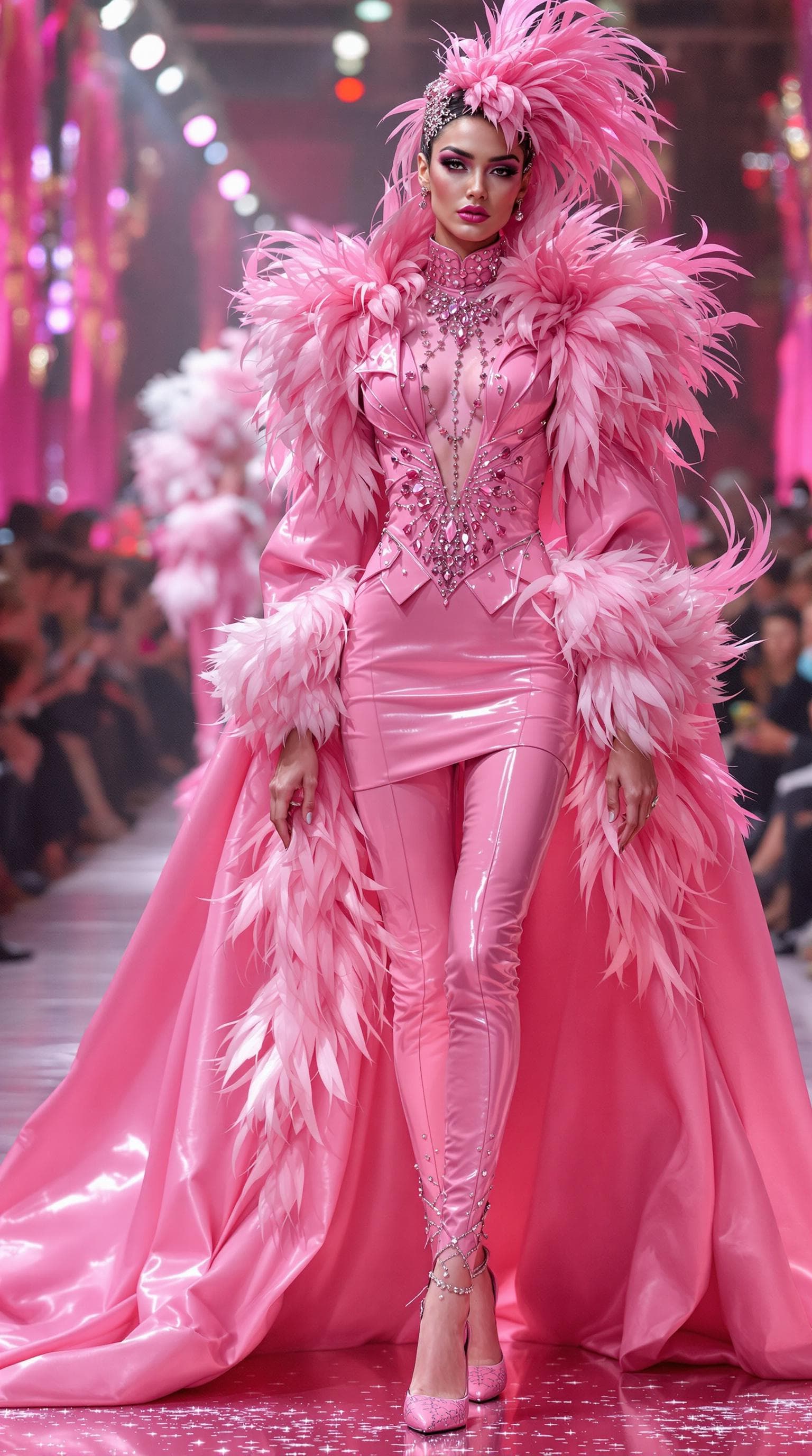 AI generated: stunning outfits, haute couture: models in perfectly dressed pink glossy leather, crow feathers and ...