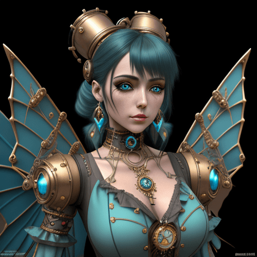AI generated: 3d image of a steampunk woman, in the style of bella kotak, gold and cyan, photorealistic detail, da...