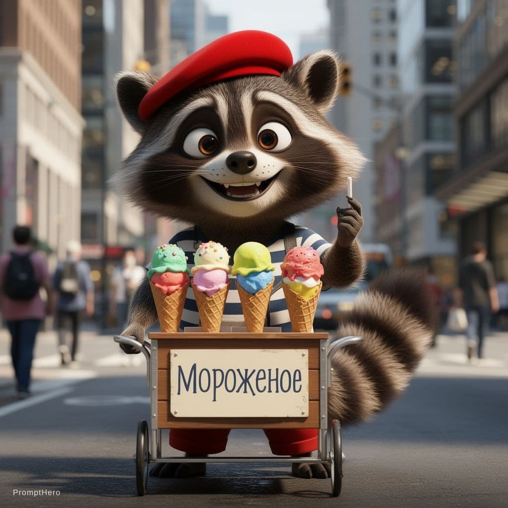 AI generated: Изобрази Енота Ивана посреди большого города продающего мороженное на улице