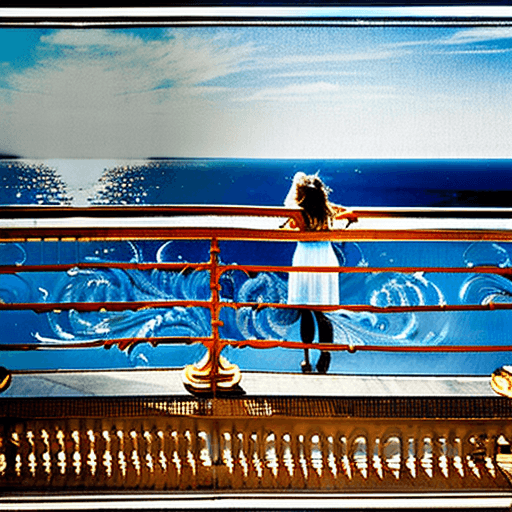 AI generated: Generate an image of a blonde woman standing directly in front of you on a balcony adorned with intr...