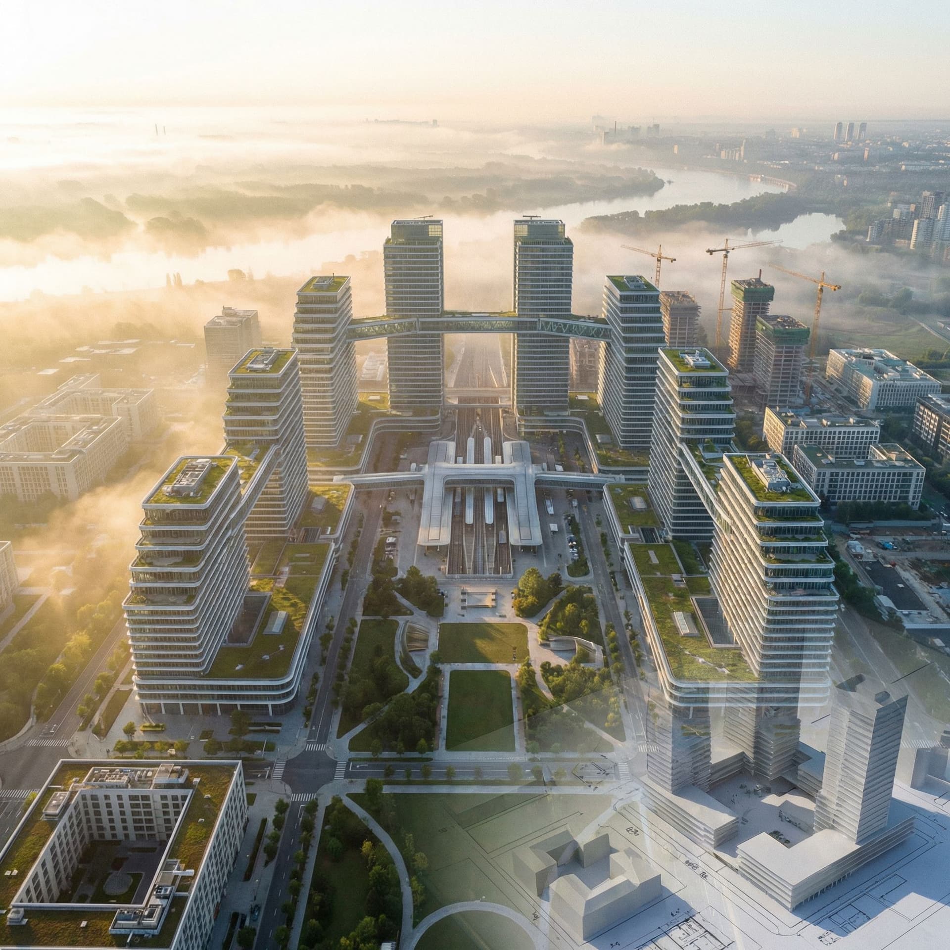 AI generated: Office complex aerial view, morning haze, large-scale planning concept, 6000x4000.