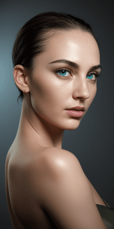 AI generated: (Blue eyes) ((dark black background)) ((face side lit with golden light lamp)) ((Eyes: emerald green...