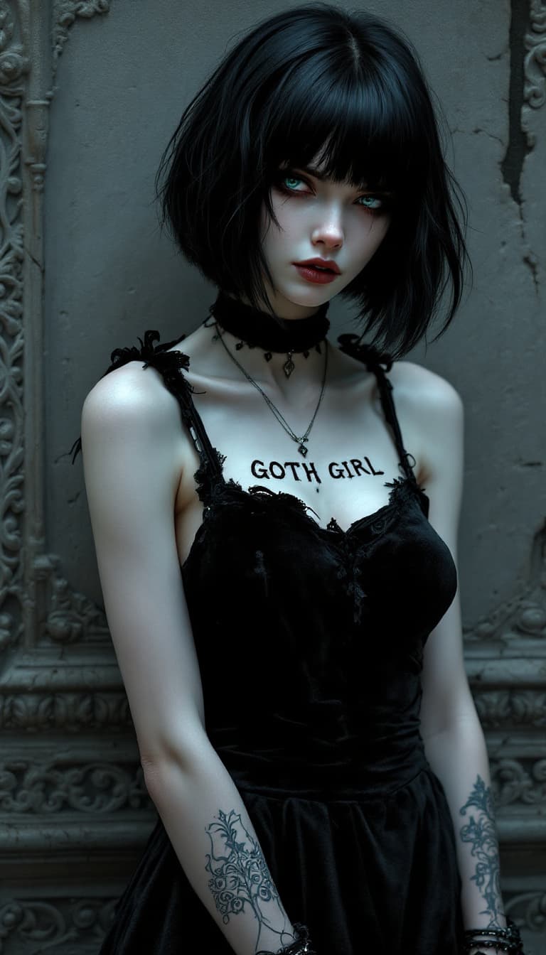 AI generated: A hyper-realistic portrait of a female goth character with pale porcelain skin and raven-black hair,...