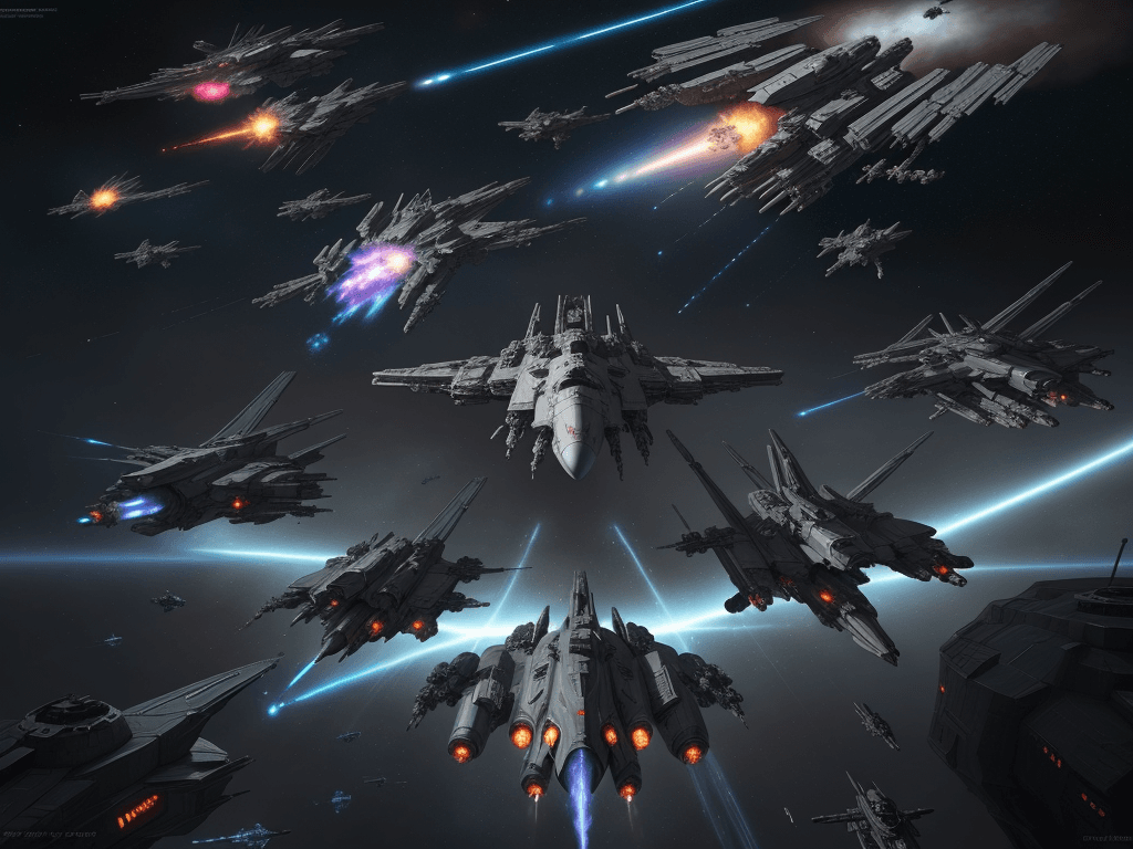 AI generated: space pirates fleet attacking a giant imperial space station :: futuristic space combat, space comba...