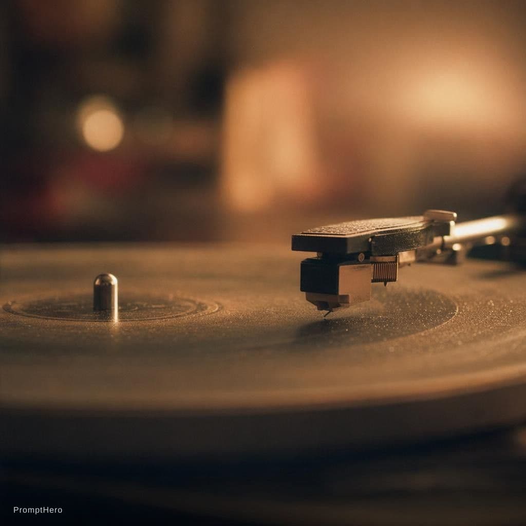 AI generated: Close-up of a vintage record player tonearm and needle, the needle is lowered in playing position, b...