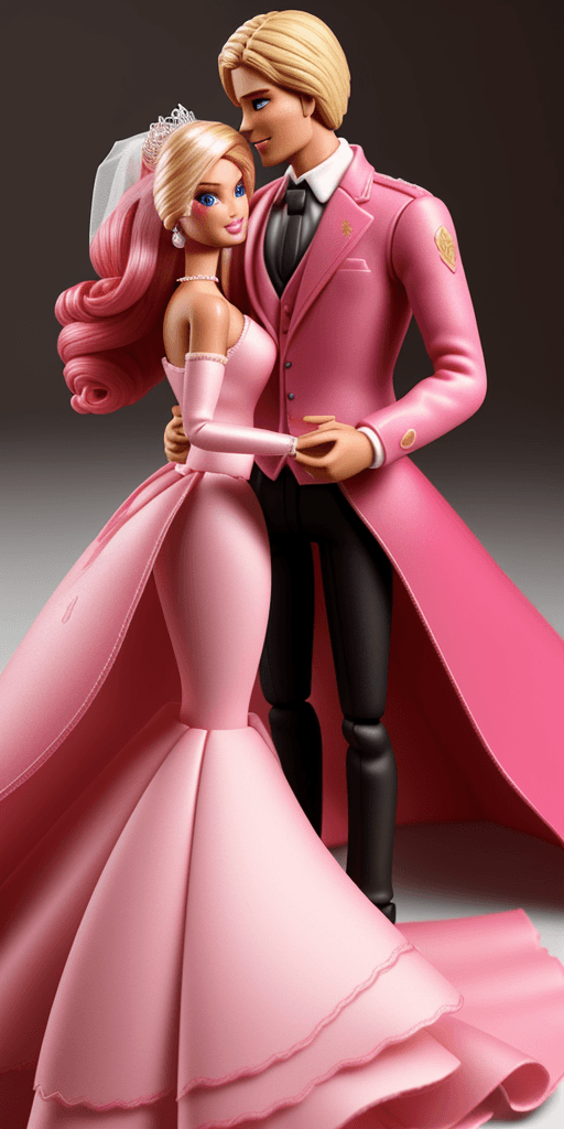 AI generated:  un mariage  de barbie avec ken ou tout est de couleur rose realistic render avec des personnage rée...