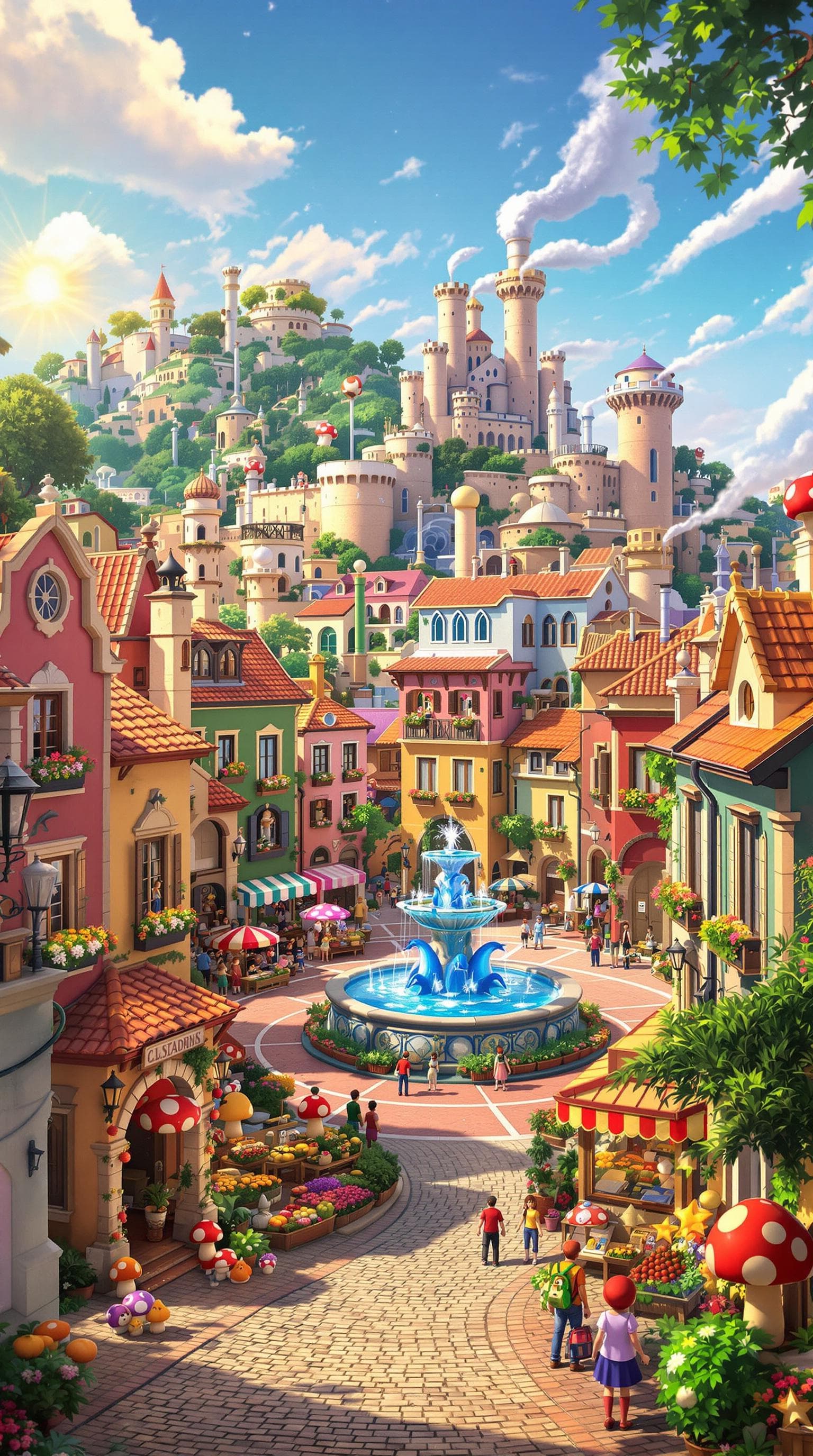 AI generated: A hyper-realistic establishing shot of a vibrant Italian-inspired village inspired by the Mushroom K...