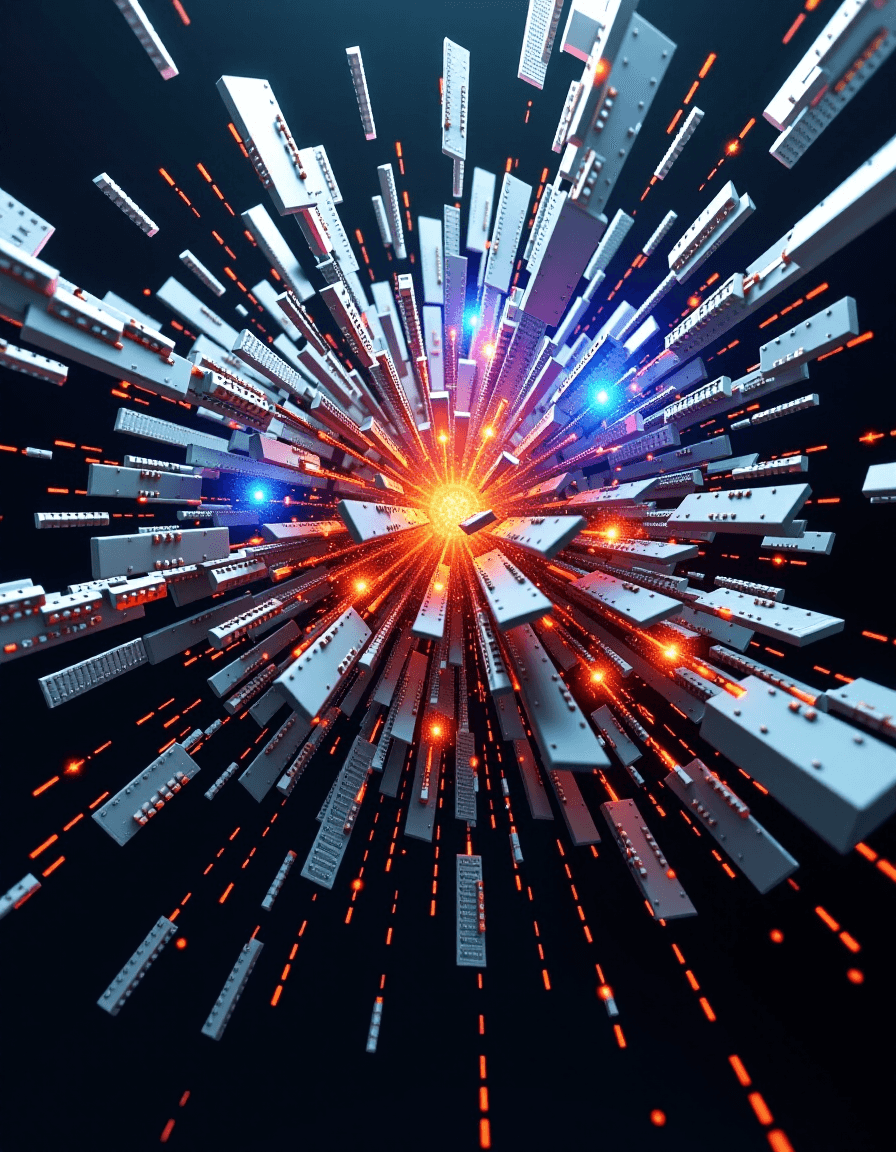 AI generated: Conceptual art visualizing a technological singularity event. An abstract, explosive fusion of metal...