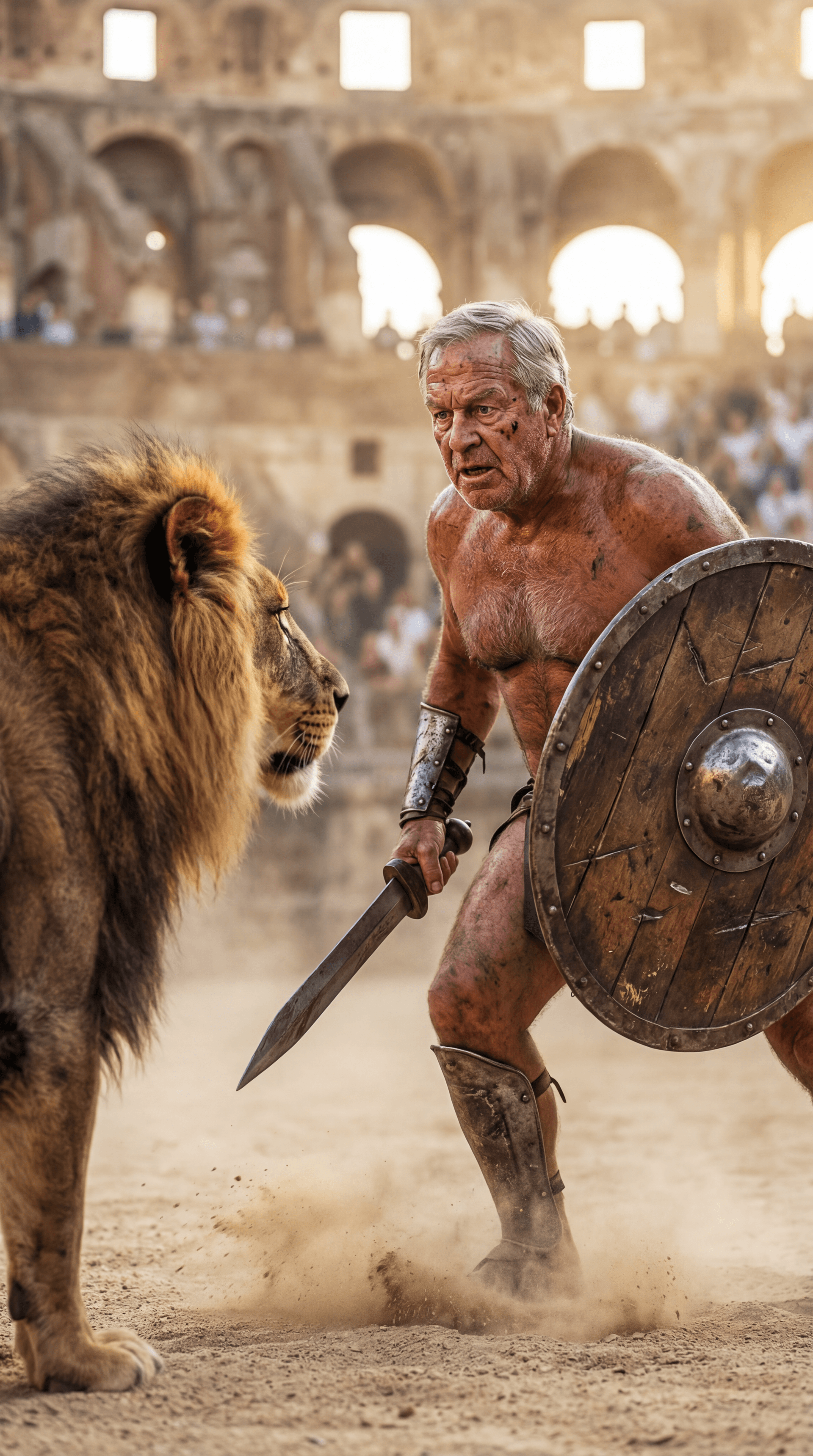 AI generated: Ultra-realistic documentary-style action photography inside the Roman Colosseum, bathed in warm gold...