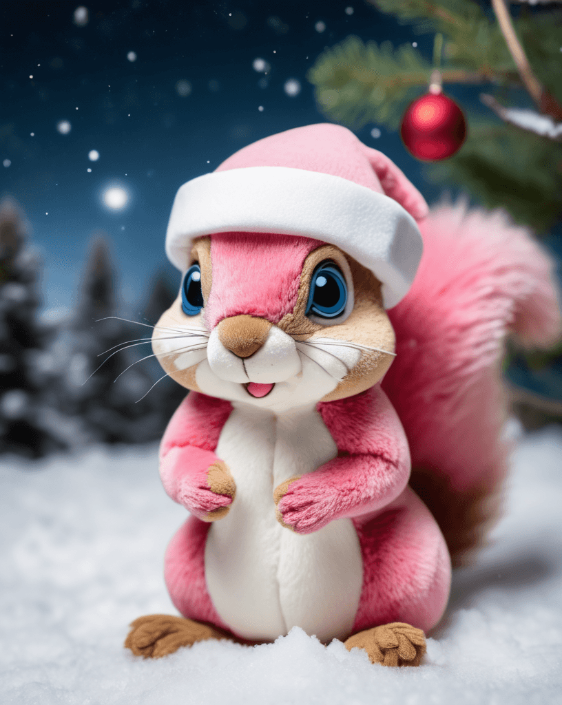 AI generated: An image of a small, pink plush squirrel. The squirrel has cartoonishly large blue eyes and an extre...