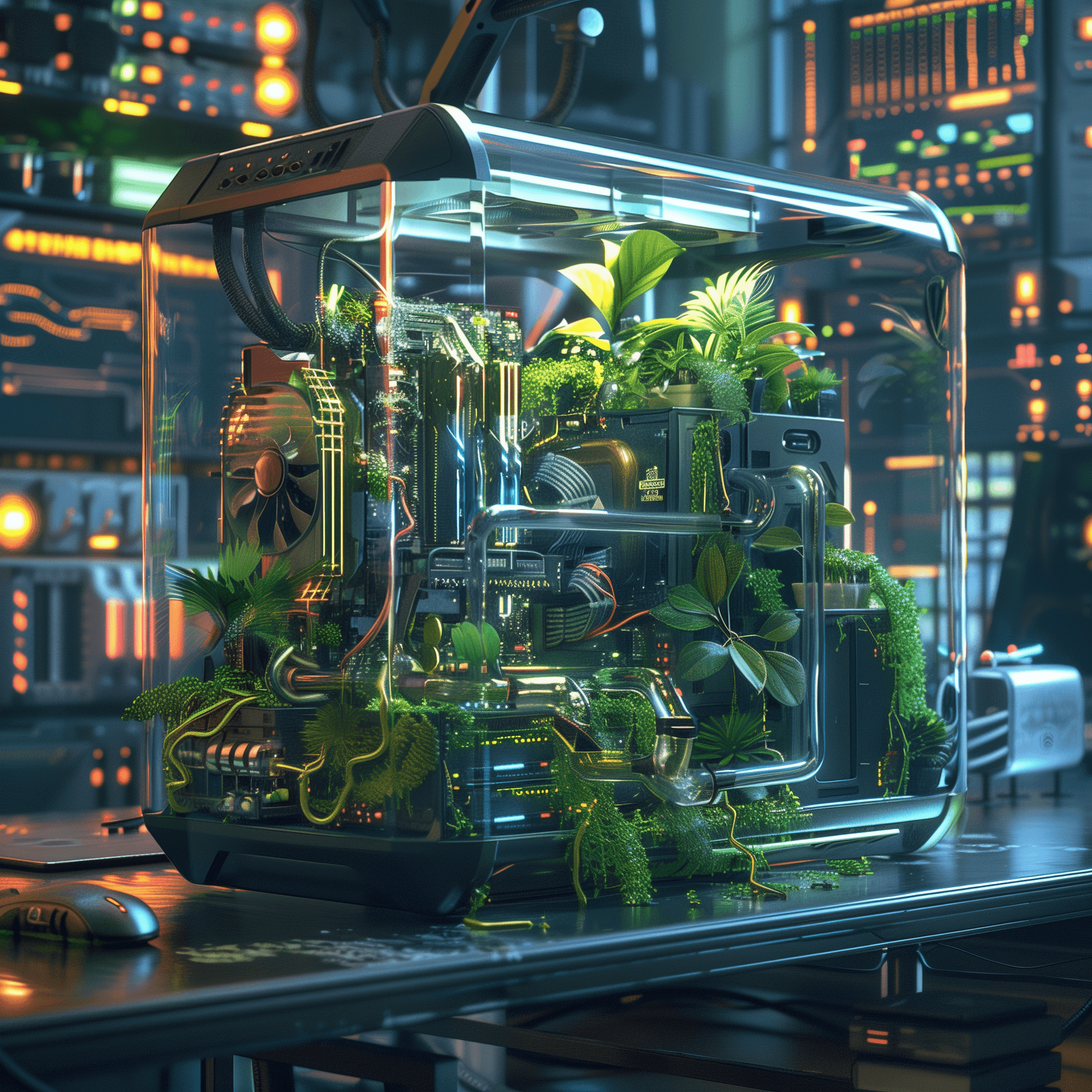 AI generated: A computer case made of glass, filled with plants and other green tech parts, highly detailed, hyper...