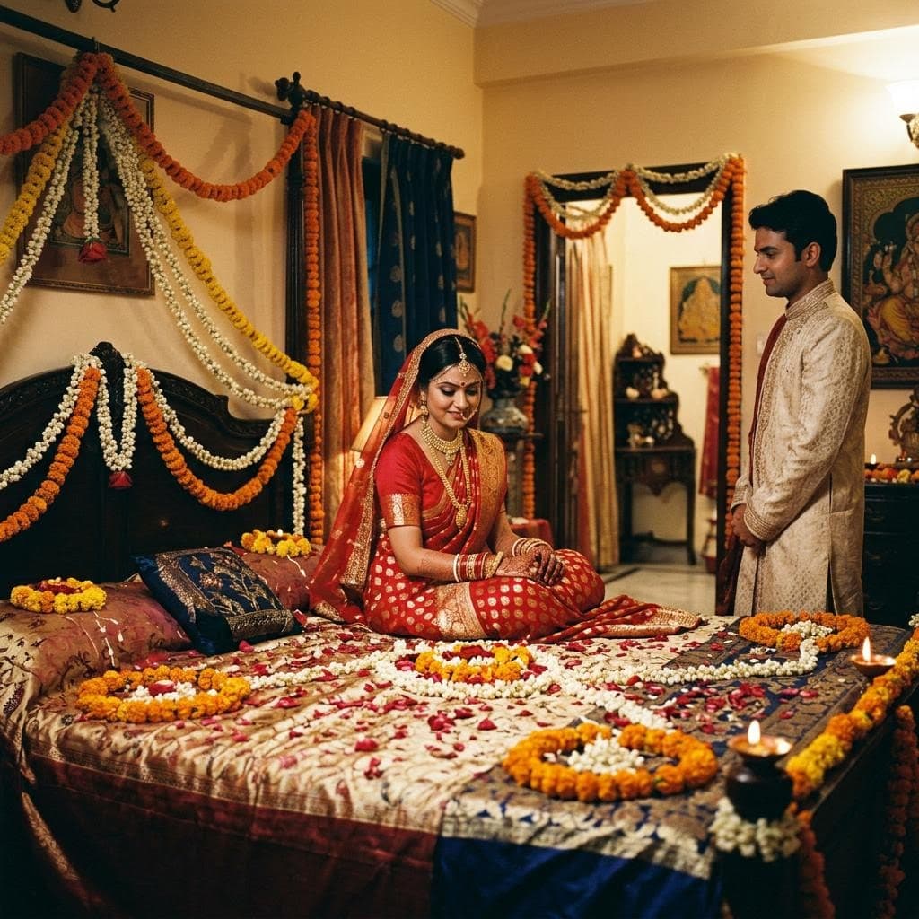 AI generated: she is in room after marraige, room is decorate with flower, she is on middle of bed, indian tradito...