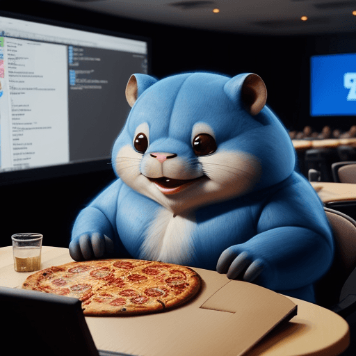 AI generated: a gopher eating pizza, they're sitting at a conference watching slides depicting golang code, sophis...