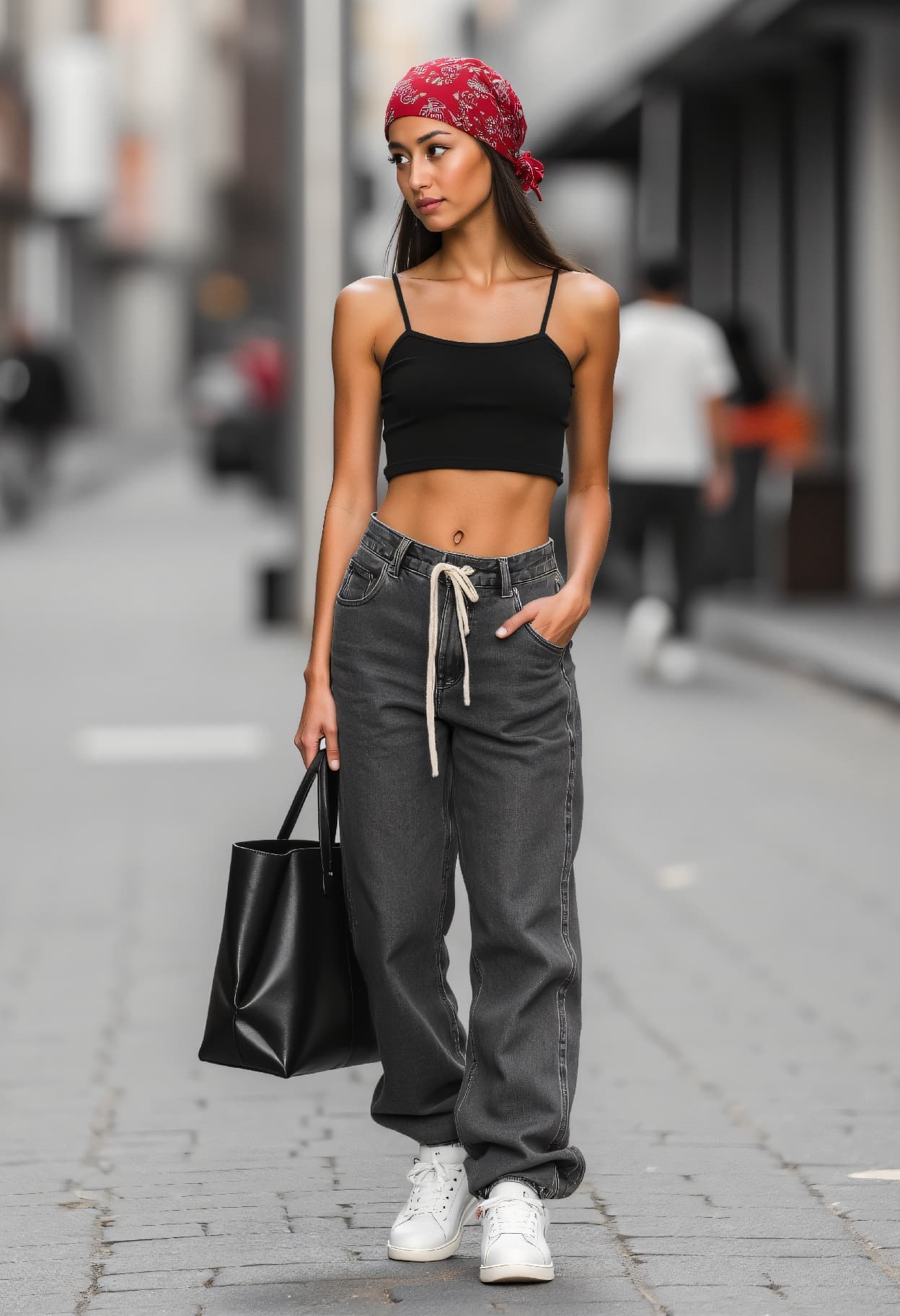 AI generated: black and white photography, Y2K Street Fashion full body photo of a 24 year old Danish-Cree female ...