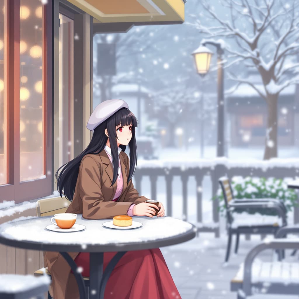 AI generated: winter, snowing, Outdoor seating at the Café, a pencake and a cup of tea are on table, the girl is l...